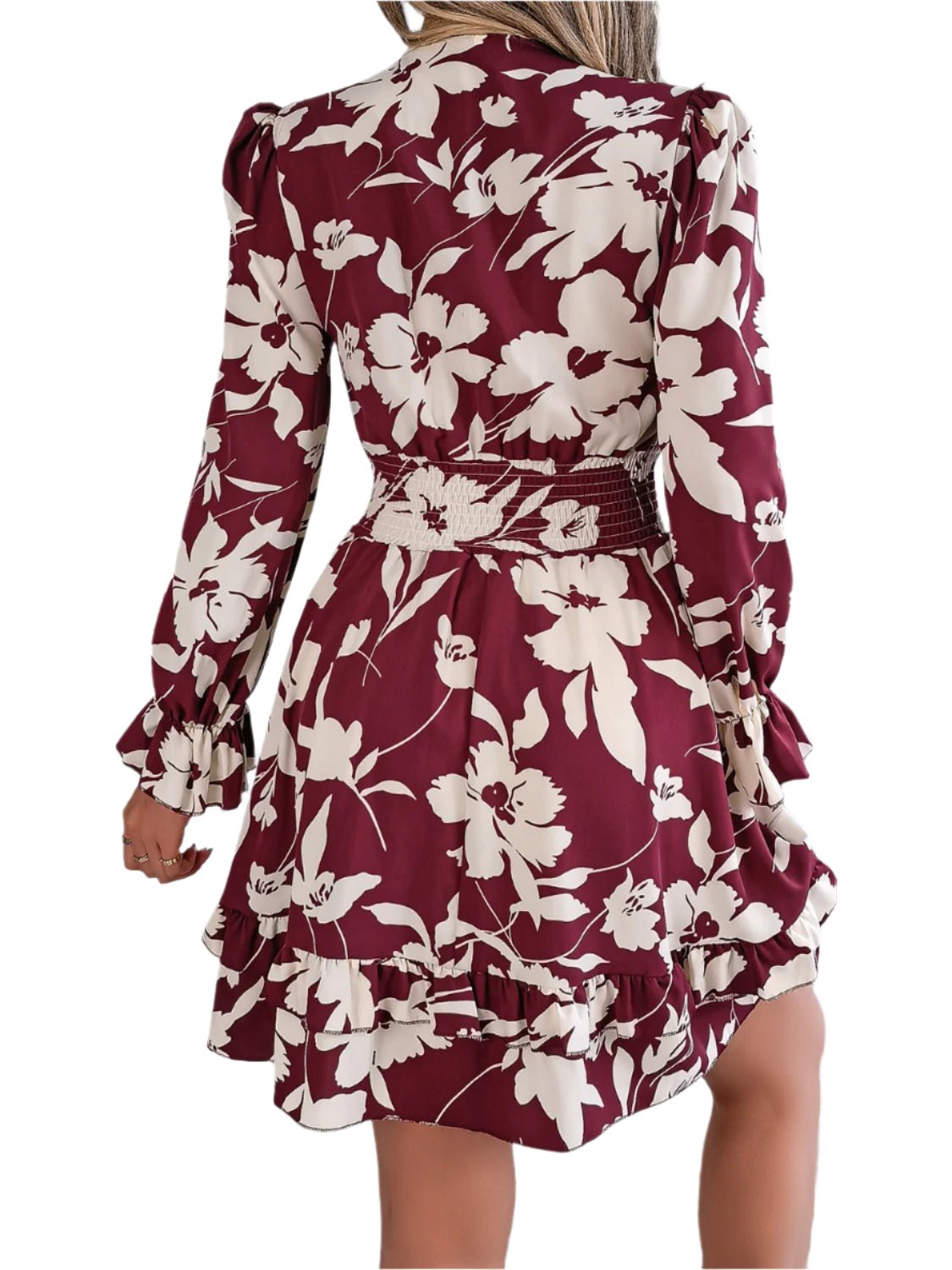 Tied Ruffled Printed Long Sleeve Dress