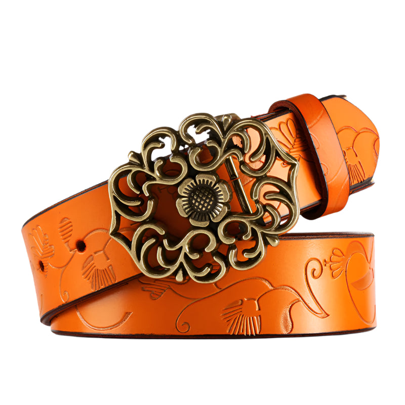 Embossed Floral Flower Buckle Cowhide Leather Belt