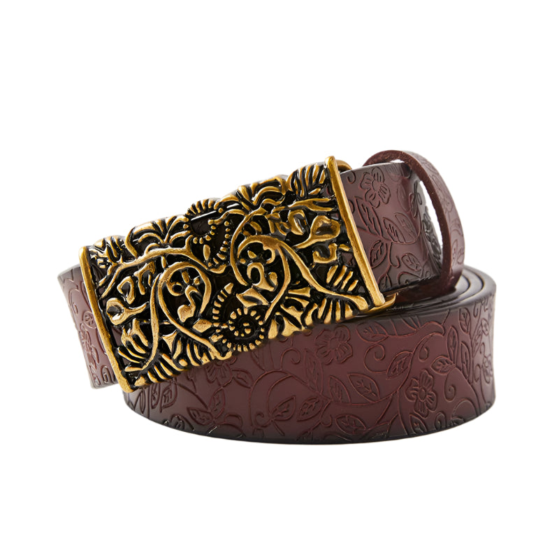 Cowhide Leather Belt with Floral Motif Buckle