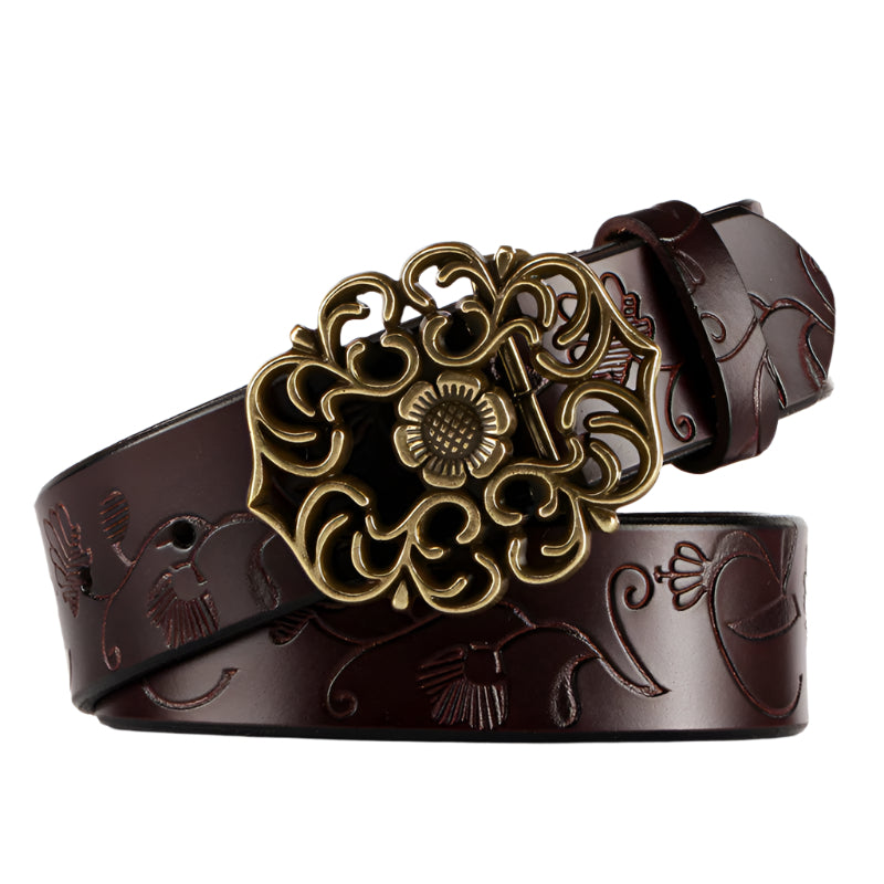 Embossed Floral Flower Buckle Cowhide Leather Belt