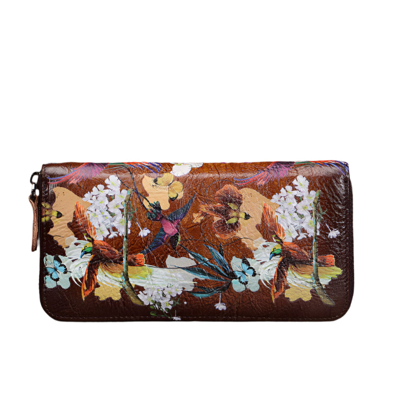 Birds and Flowers Painted Cowhide Leather Wallet