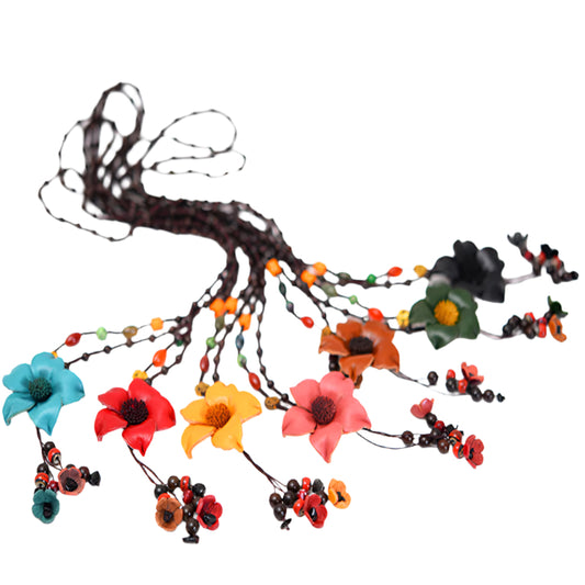 Sweater Beaded Chain Cowhide Leather Flower Pendant Necklace