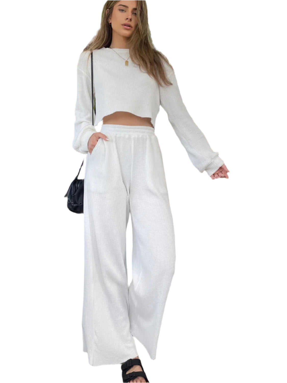 Waffle-Knit Round Neck Top and Pants Set