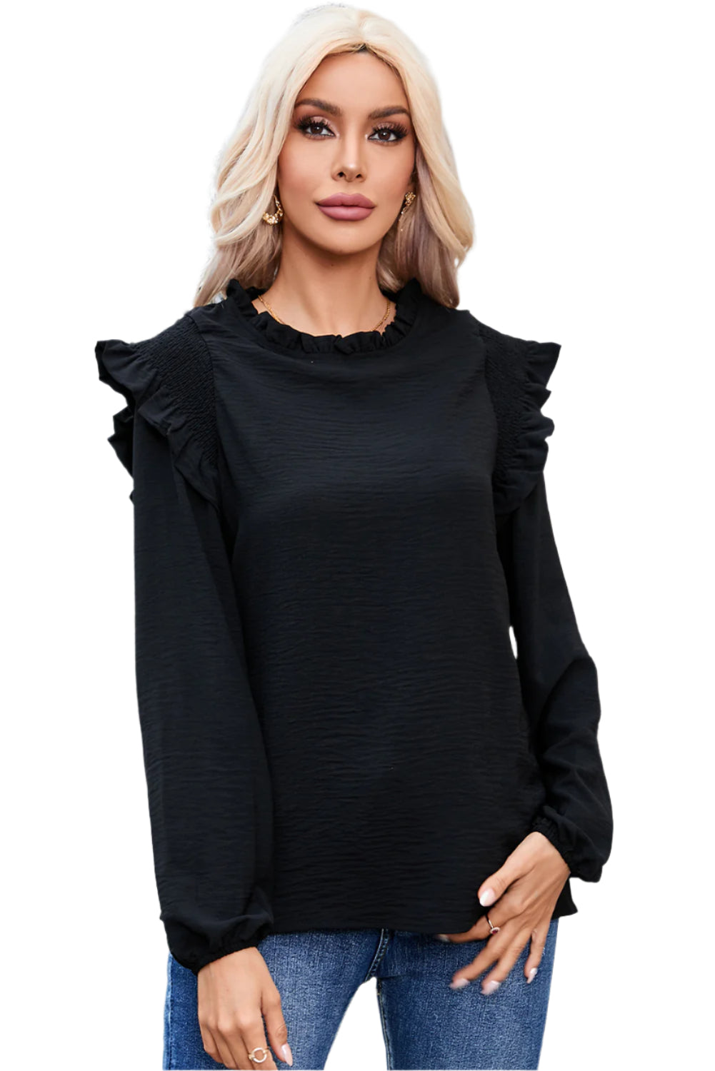 Frill Mock Neck Ruffled Balloon Sleeve Blouse