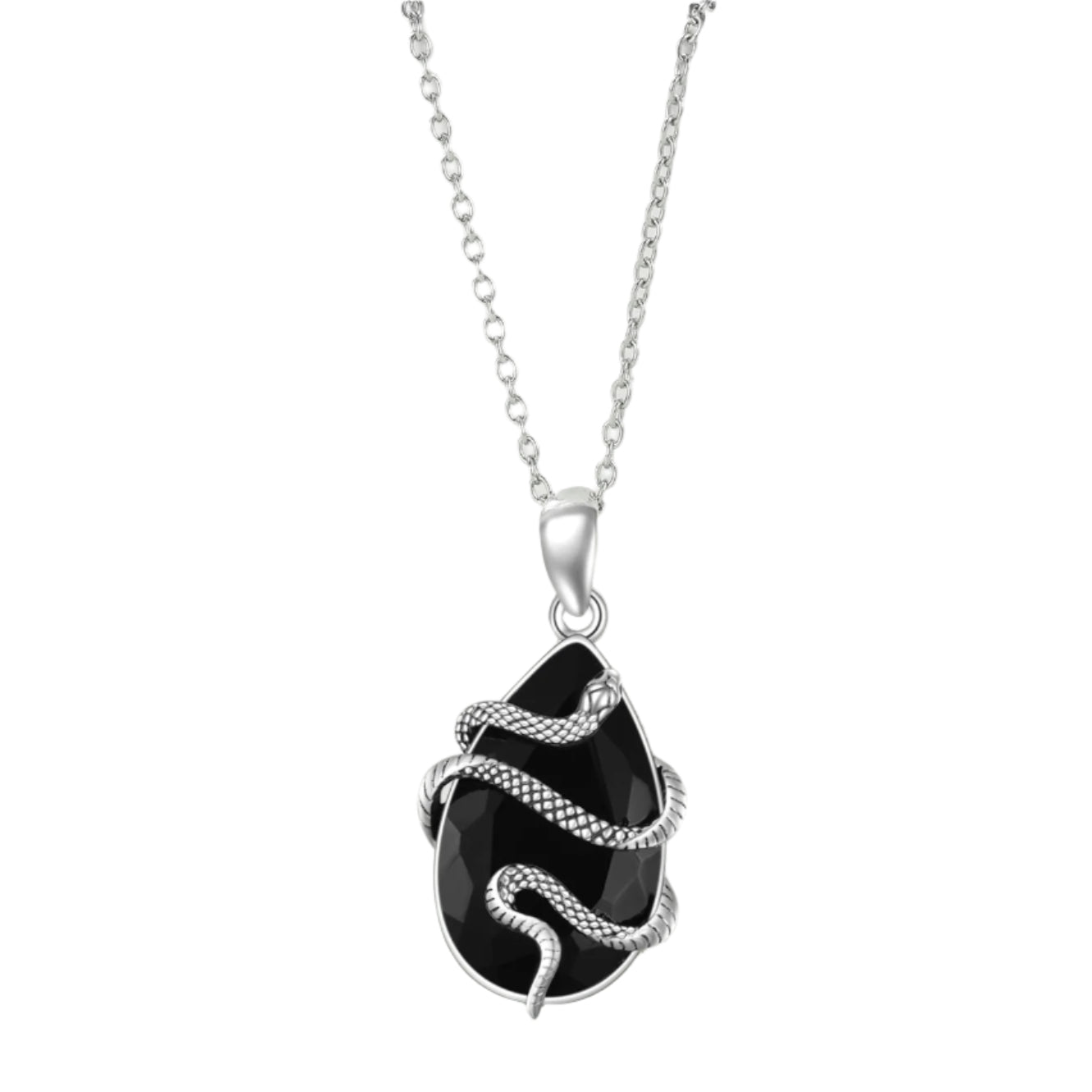 Black Tourmaline Crystal Teardrop Snake Wrapped 925 Sterling Silver Necklace
