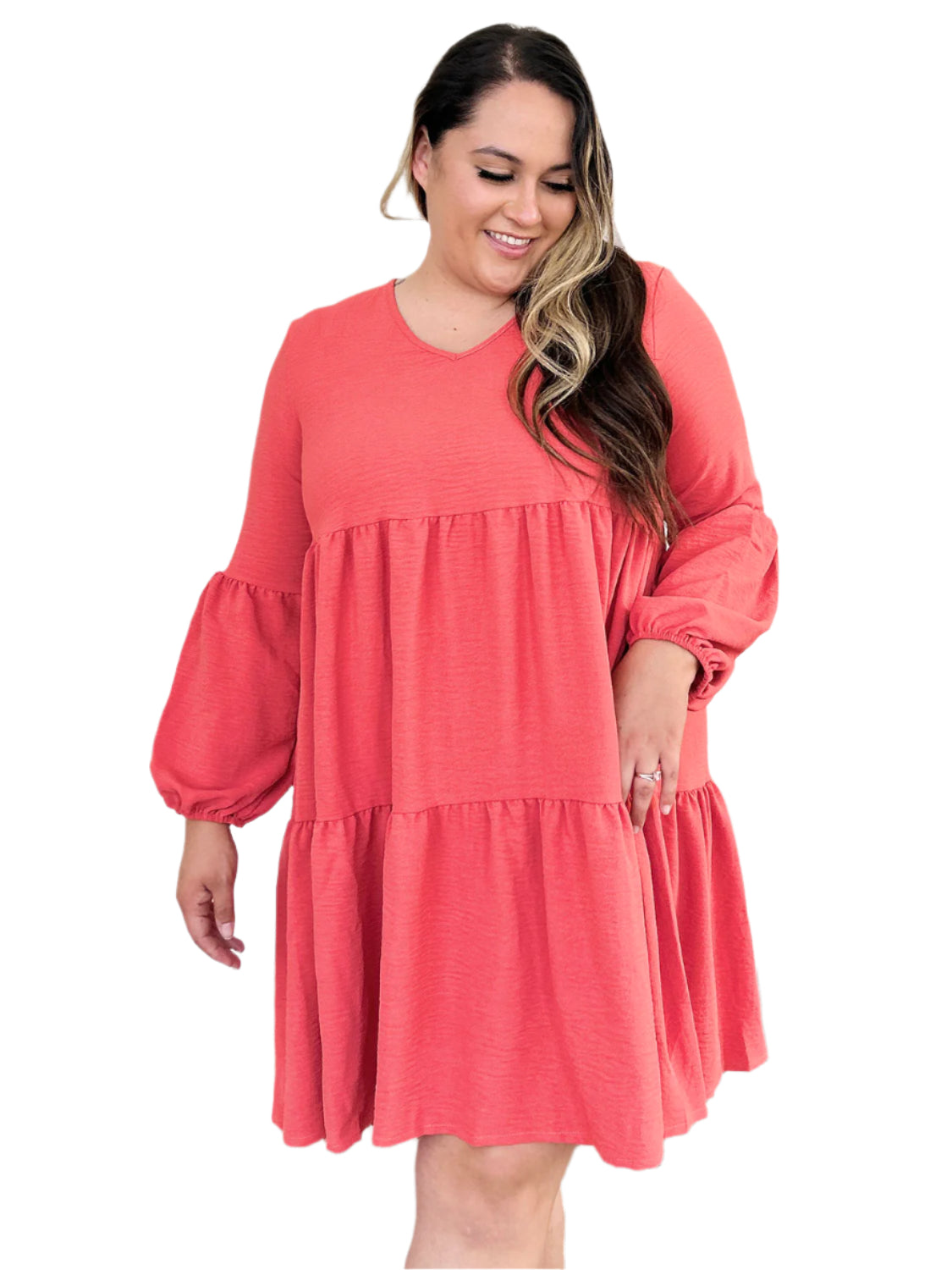 Double Take Full Size V-Neck Balloon Sleeve Tiered Dress with Pockets