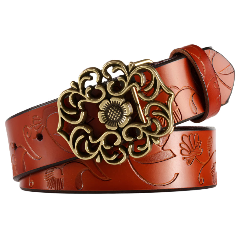 Embossed Floral Flower Buckle Cowhide Leather Belt