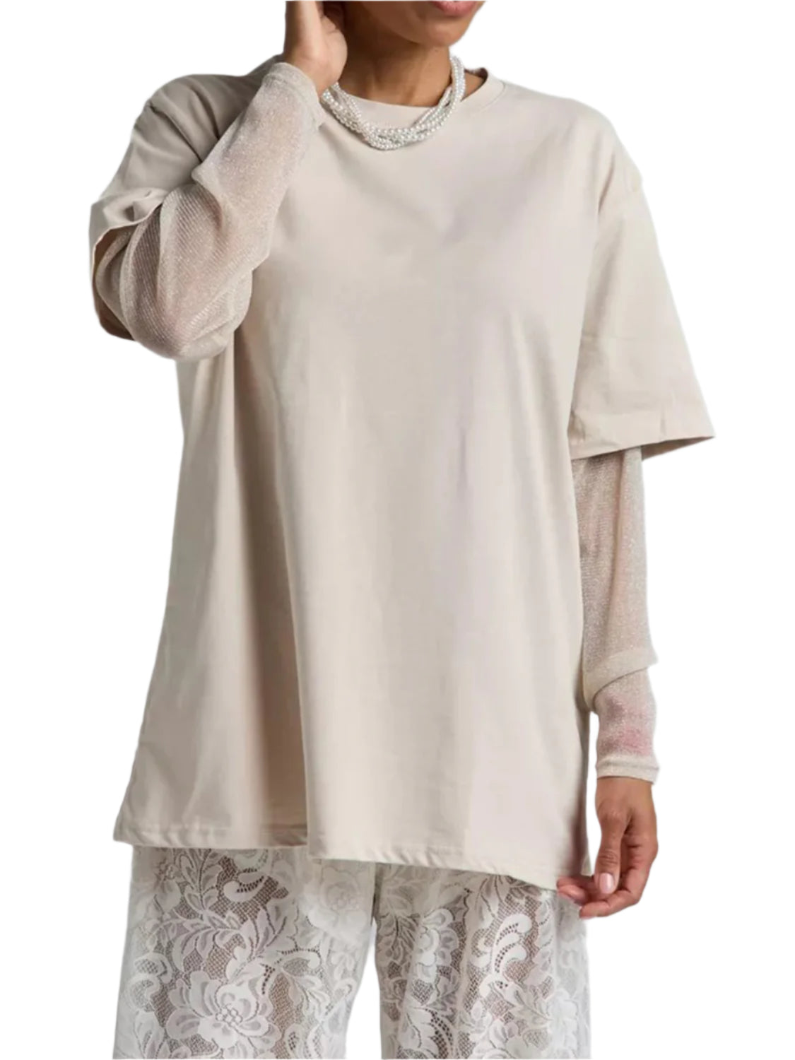 Faux Layered Round Neck Mesh Sleeve Top