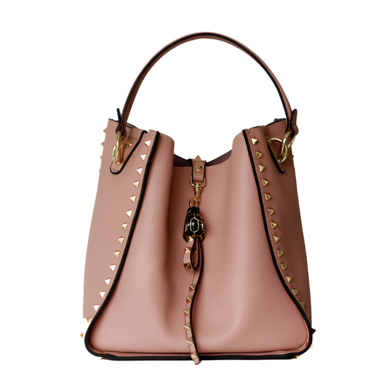 Soft Cowhide Leather Studded Bucket Style Handbag