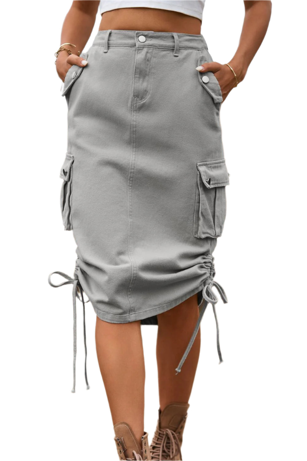 Drawstring Denim Cargo Skirt