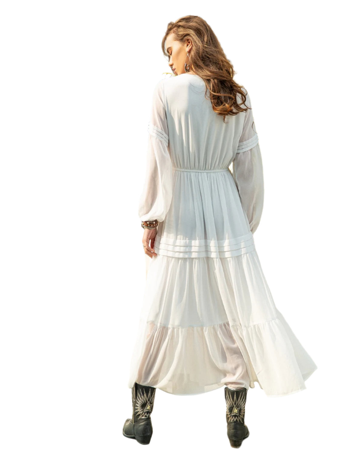 Tie Neck Long Sleeve Midi Tiered Dress
