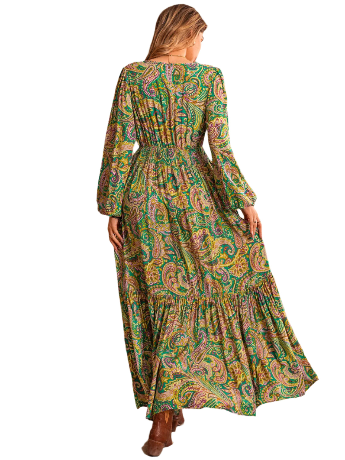 Printed Tie Neck Long Sleeve Dress