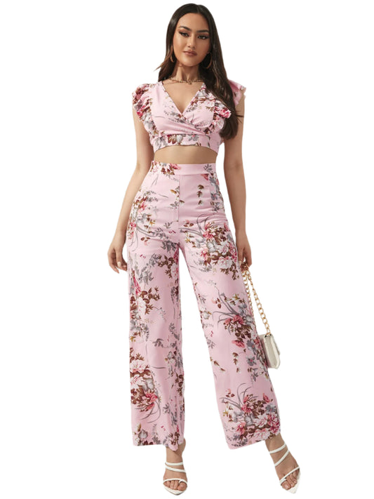 Honey Printed Surplice Cap Sleeve Top and Pants Set