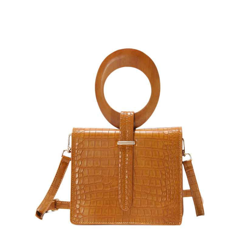Wooden Handle Square PU Leather Handbag