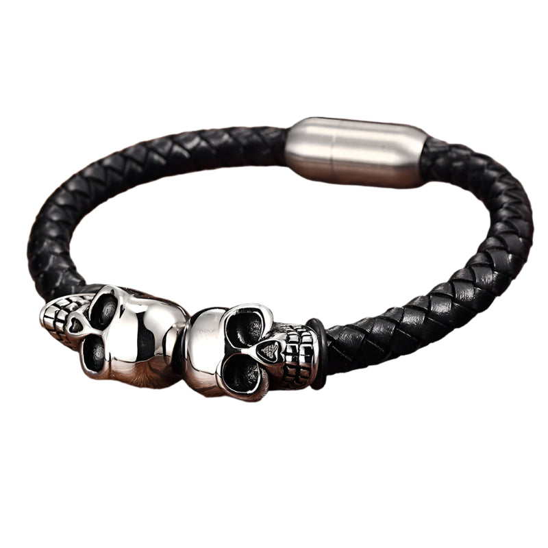 Woven Cowhide Stainless Steel Skull Bracelet