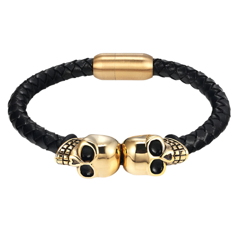 Woven Cowhide Stainless Steel Skull Bracelet