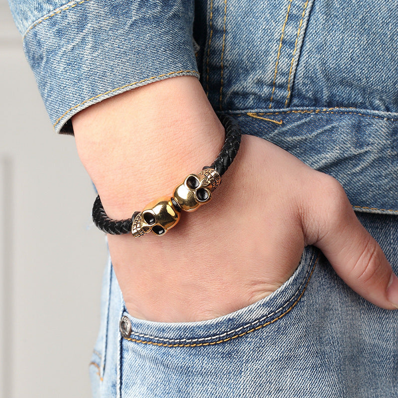 Woven Cowhide Stainless Steel Skull Bracelet