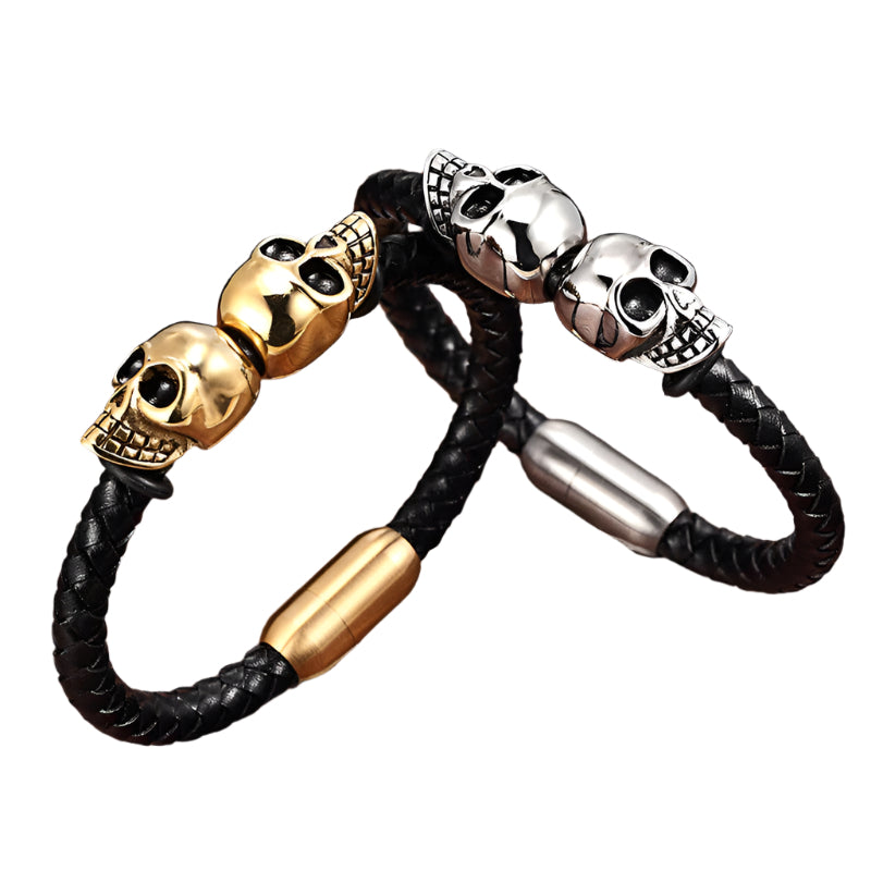 Woven Cowhide Stainless Steel Skull Bracelet