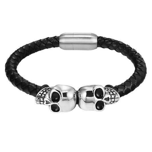 Woven Cowhide Stainless Steel Skull Bracelet