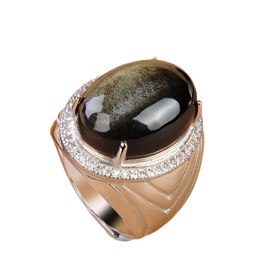 925 Sterling Silver Inlaid Golden Obsidian Adjustable Ring