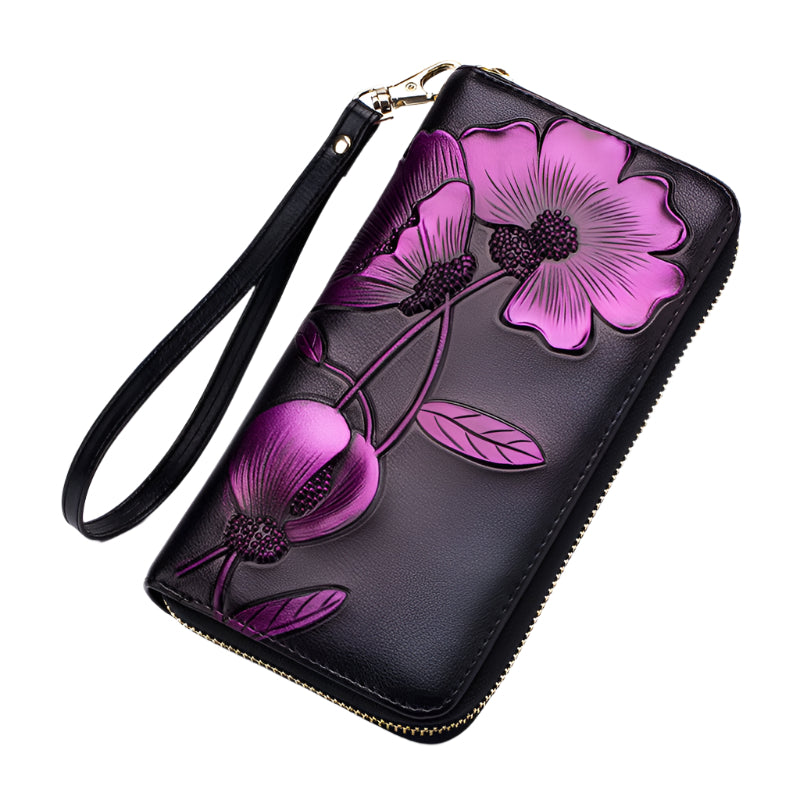 Hand Painted Cowhide Zipper Wallet with Detachable Strap