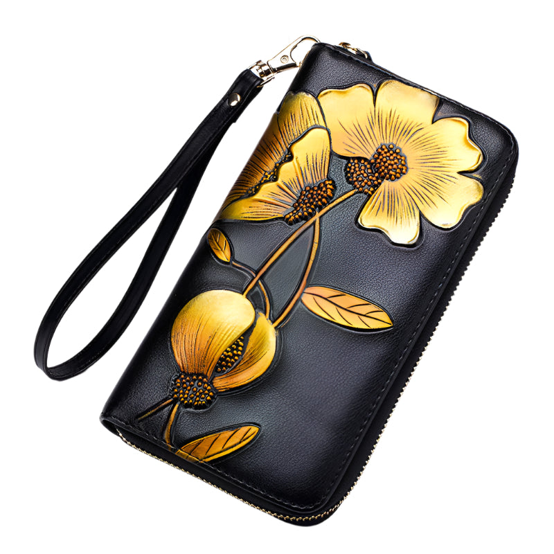 Hand Painted Cowhide Zipper Wallet with Detachable Strap