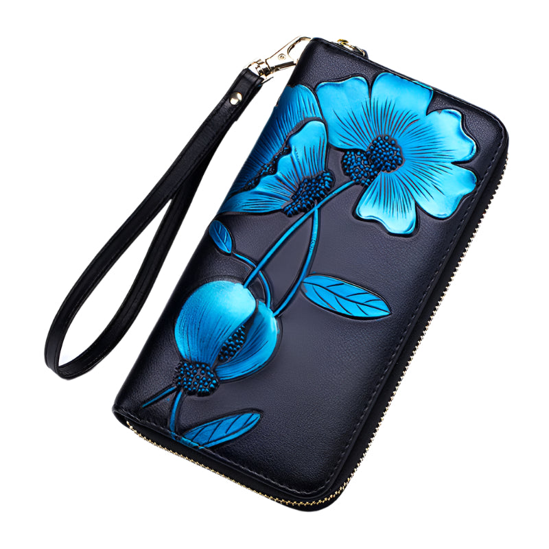 Hand Painted Cowhide Zipper Wallet with Detachable Strap