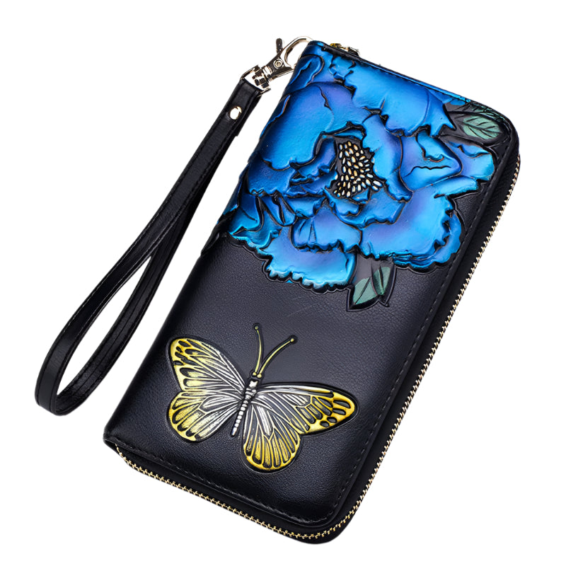 Hand Painted Cowhide Zipper Wallet with Detachable Strap