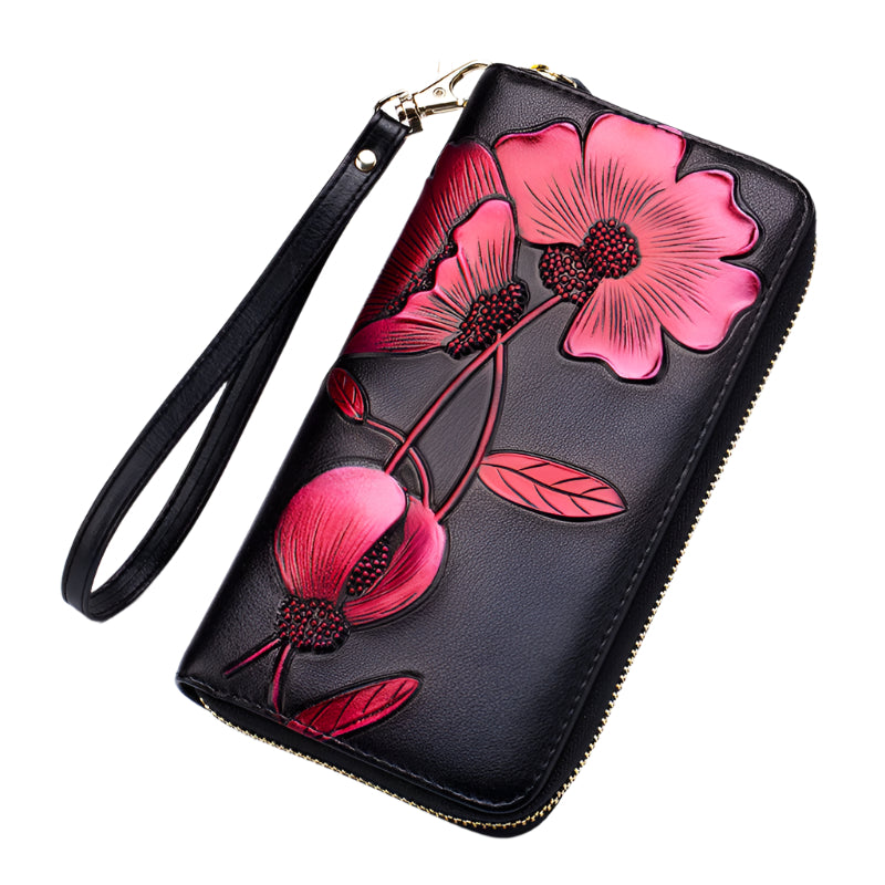 Hand Painted Cowhide Zipper Wallet with Detachable Strap