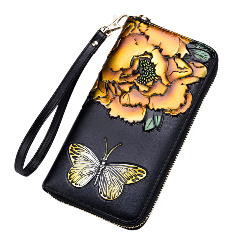 Hand Painted Cowhide Zipper Wallet with Detachable Strap