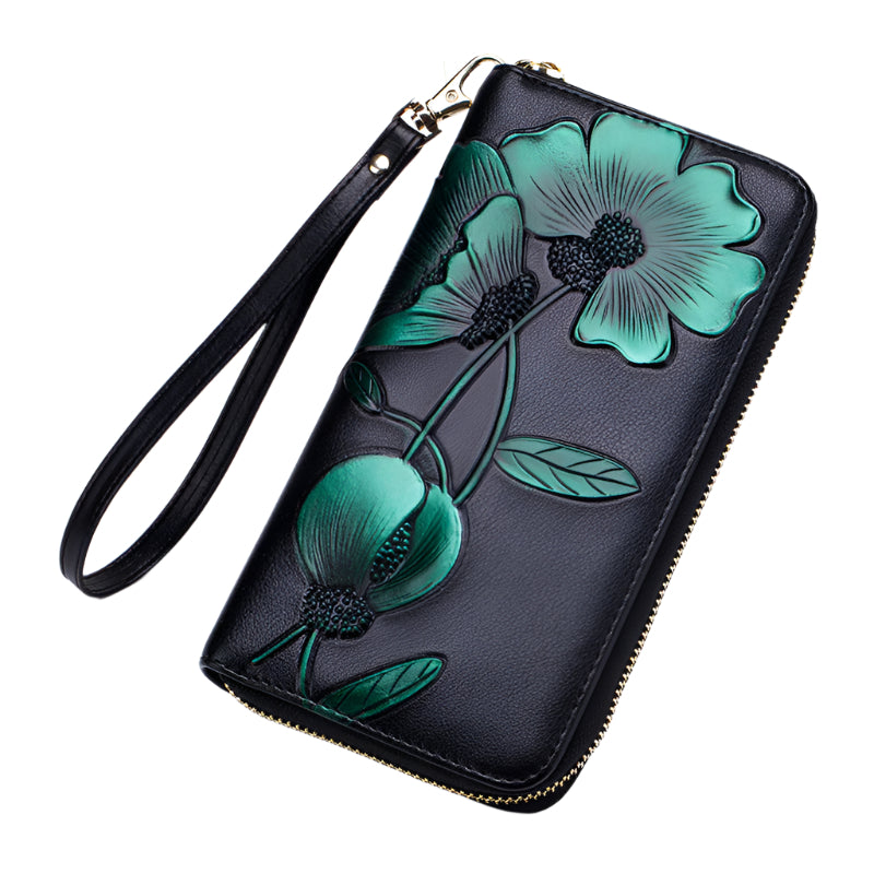 Hand Painted Cowhide Zipper Wallet with Detachable Strap