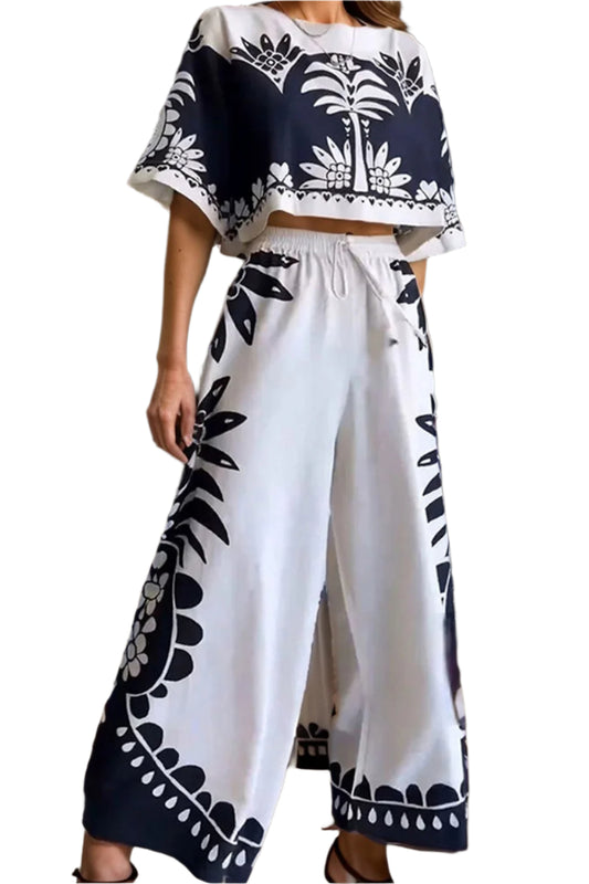 Printed Half Sleeve Top and Wide Leg Pants Set