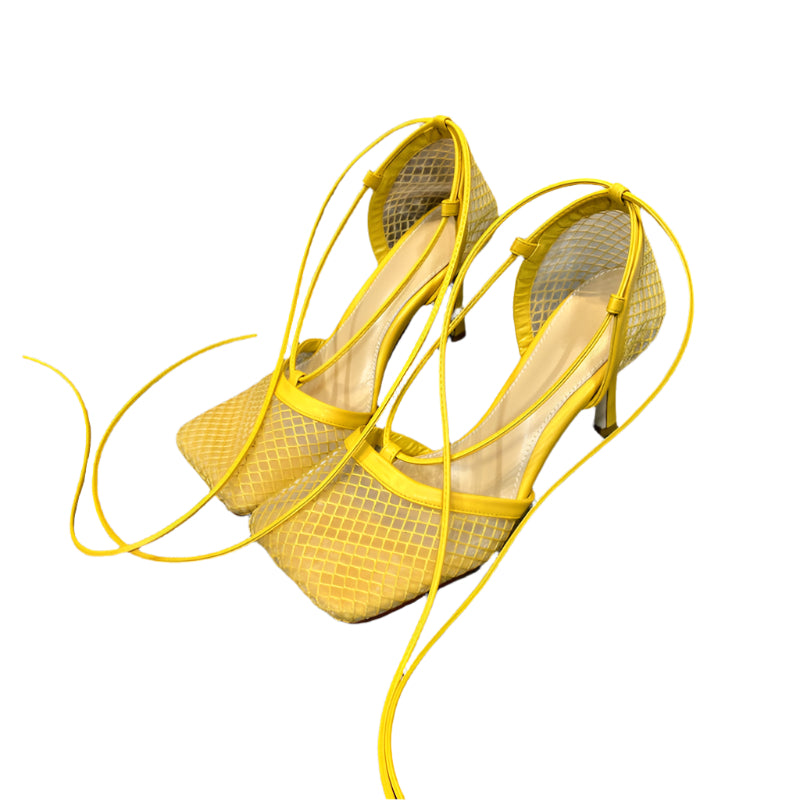 Hand Woven Sheepskin and Microfiber Lace Up Heels