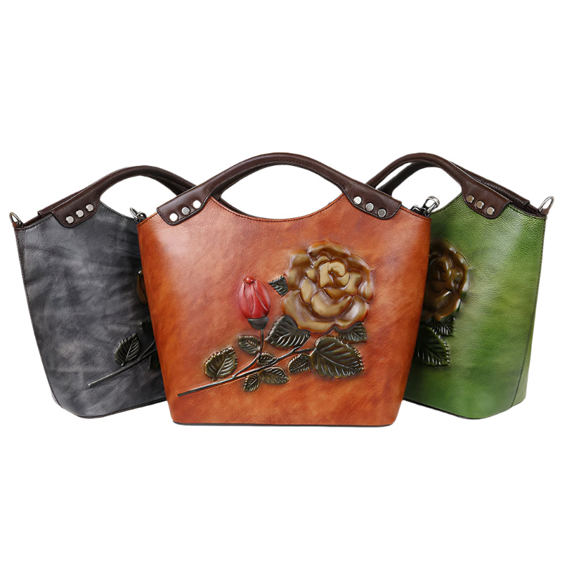 Embossed Rose Cowhide Leather Bucket Style Handbag