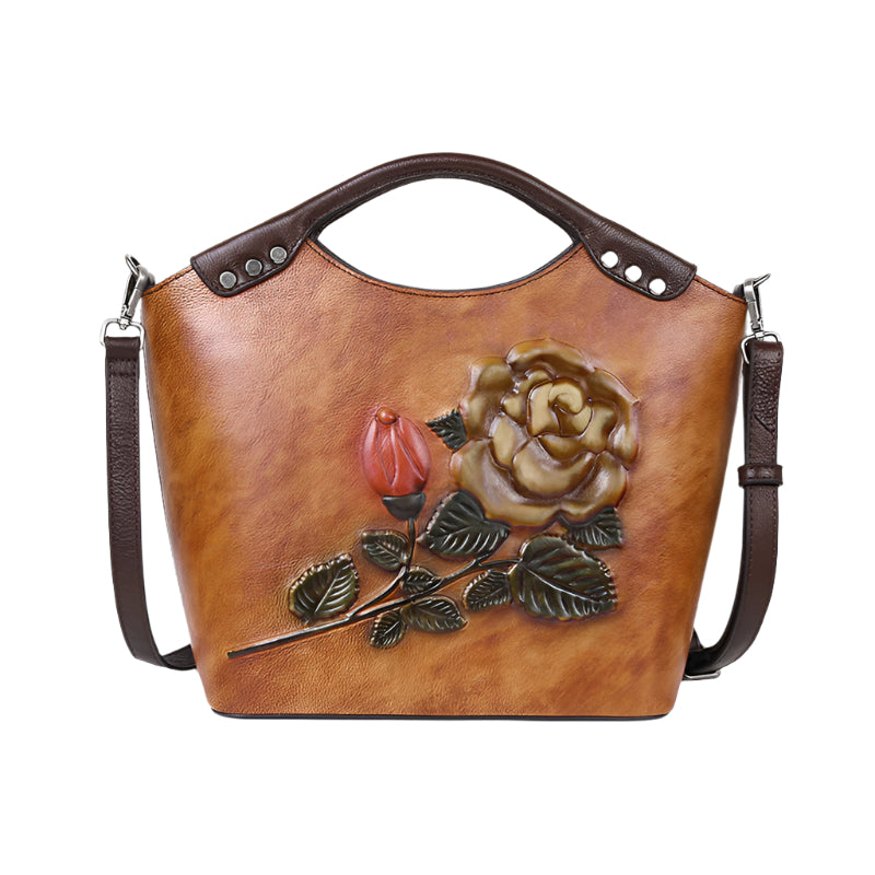Embossed Rose Cowhide Leather Bucket Style Handbag