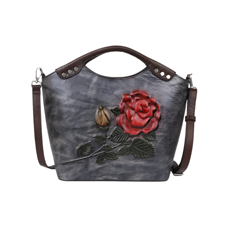 Embossed Rose Cowhide Leather Bucket Style Handbag