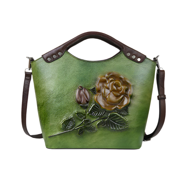 Embossed Rose Cowhide Leather Bucket Style Handbag