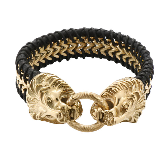 Cowhide Braided Stainless Steel Two Lions Bracelet