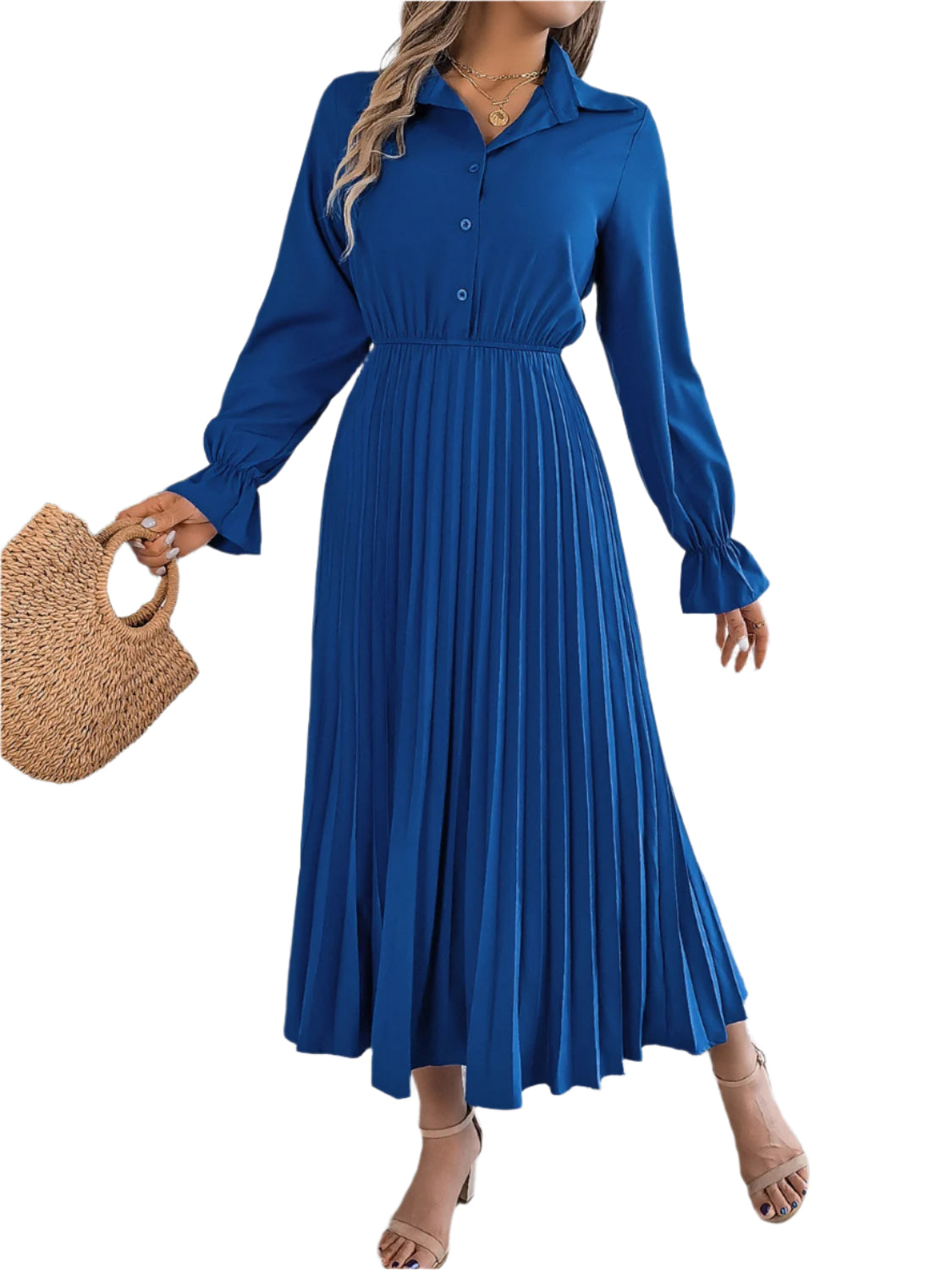 Pleated Half Button Long Sleeve Midi Dress