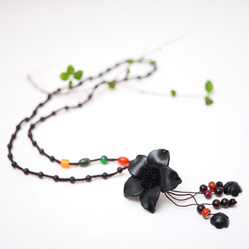 Sweater Beaded Chain Cowhide Leather Flower Pendant Necklace