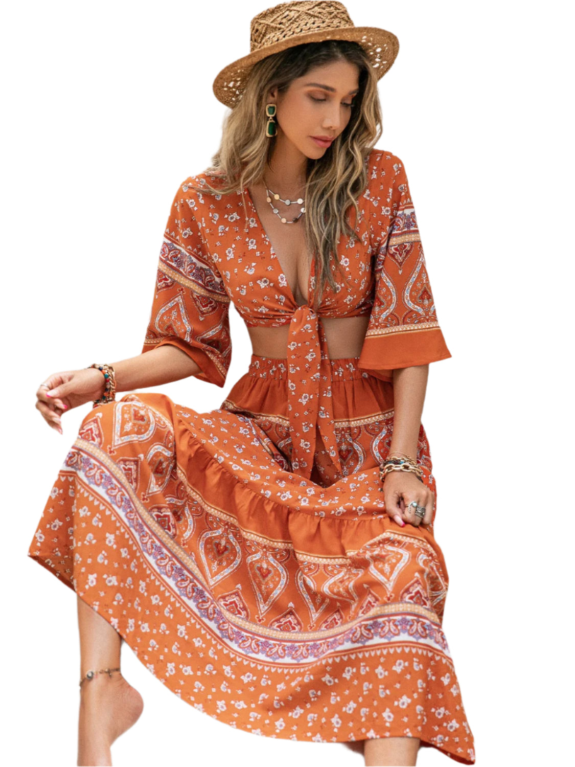 Printed Plunge Half Sleeve Top and Skirt Set