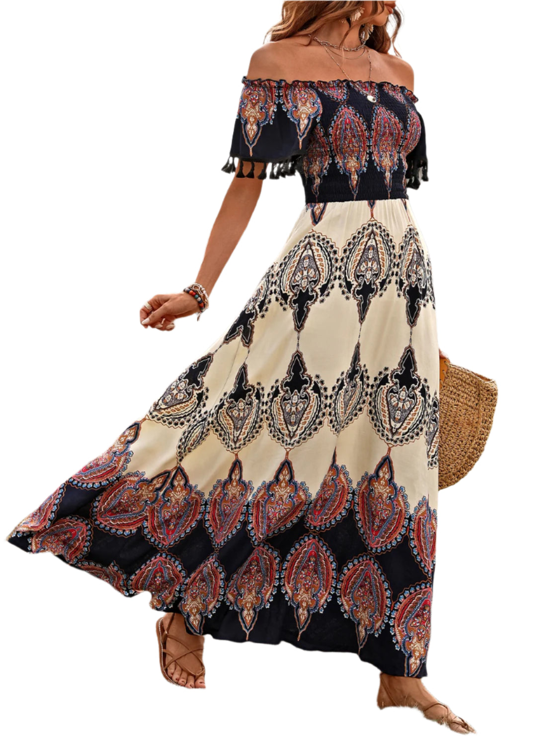 Honey Tassel Printed Off Shoulder Short Sleeve Dress