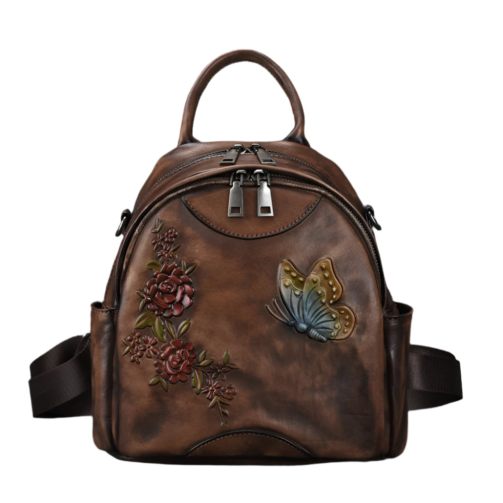 Butterfly and Flowers Cowhide Leather Versatile Handbag
