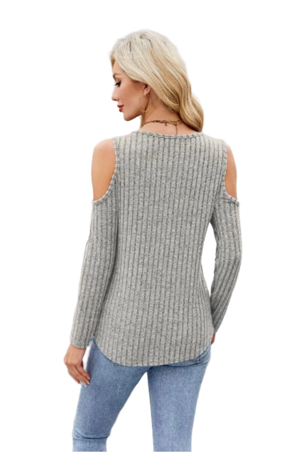 Ribbed Cold Shoulder Long Sleeve Top