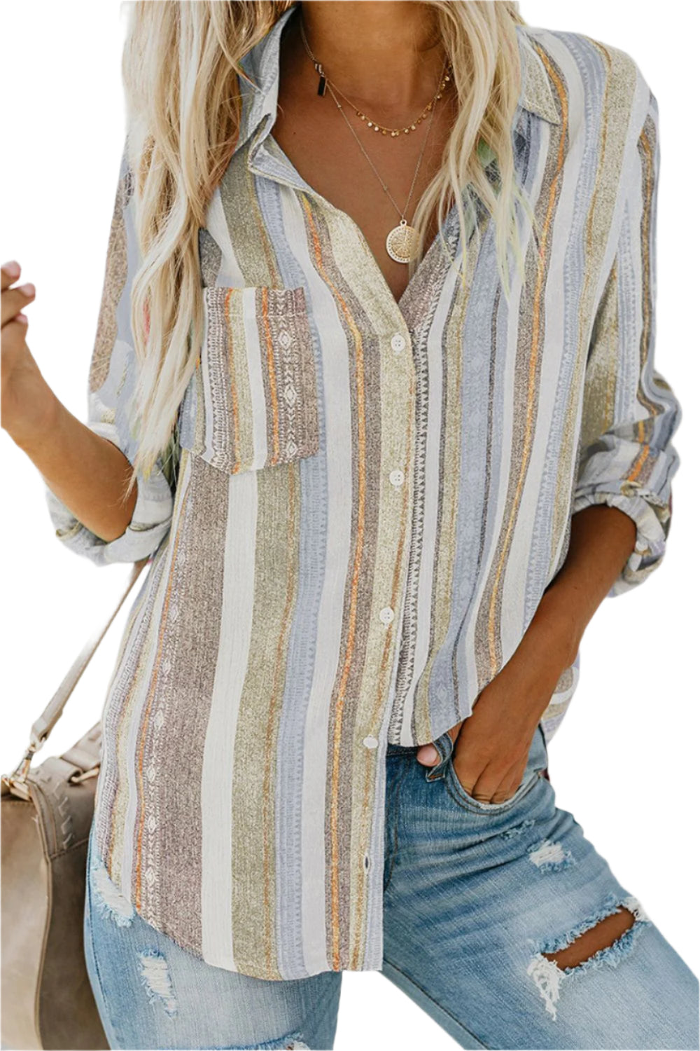 Striped Collared Neck Long Sleeve Shirt