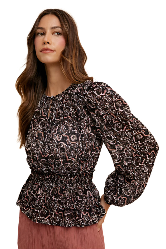 Annie Wear Abstract Print Balloon Sleeve Peplum Blouse
