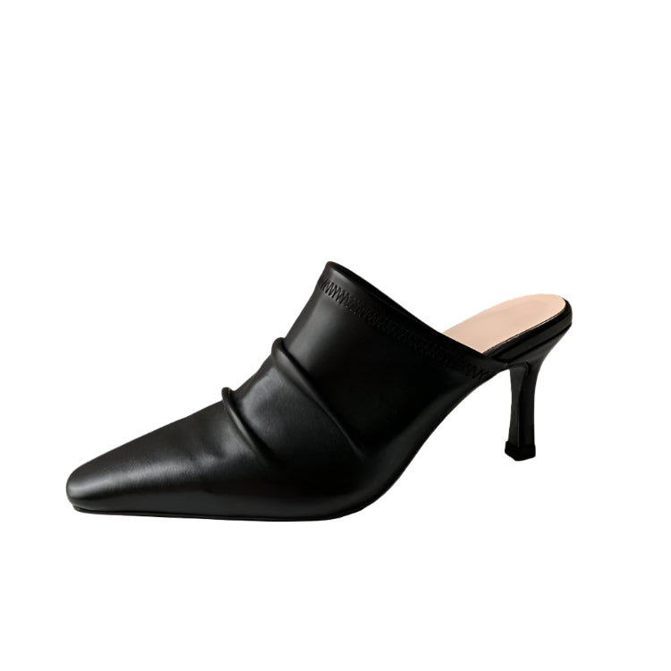 Cowhide Closed Toe Pleated High Heel Mule