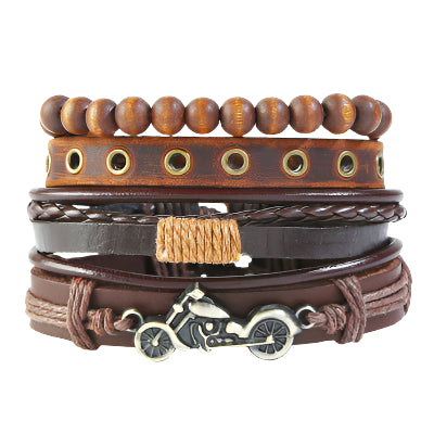 Leather Hemp and Wood Motorcycle Bracelet