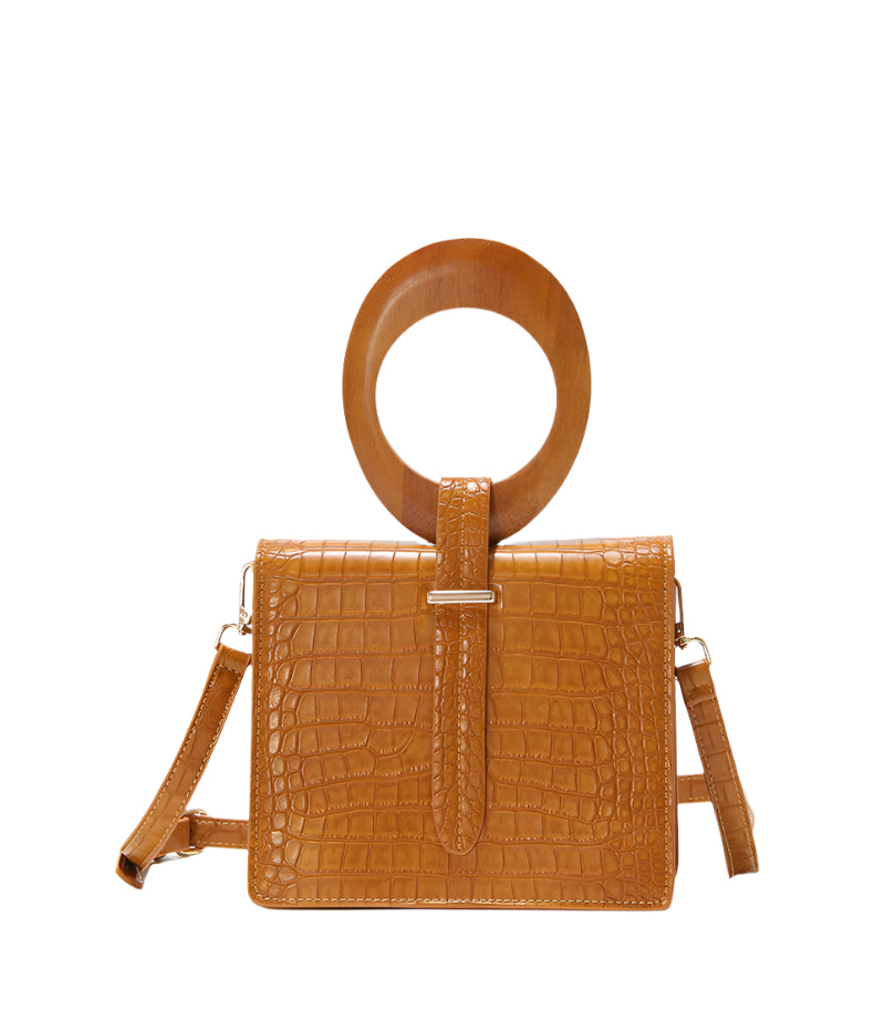 Wooden Handle Square PU Leather Handbag