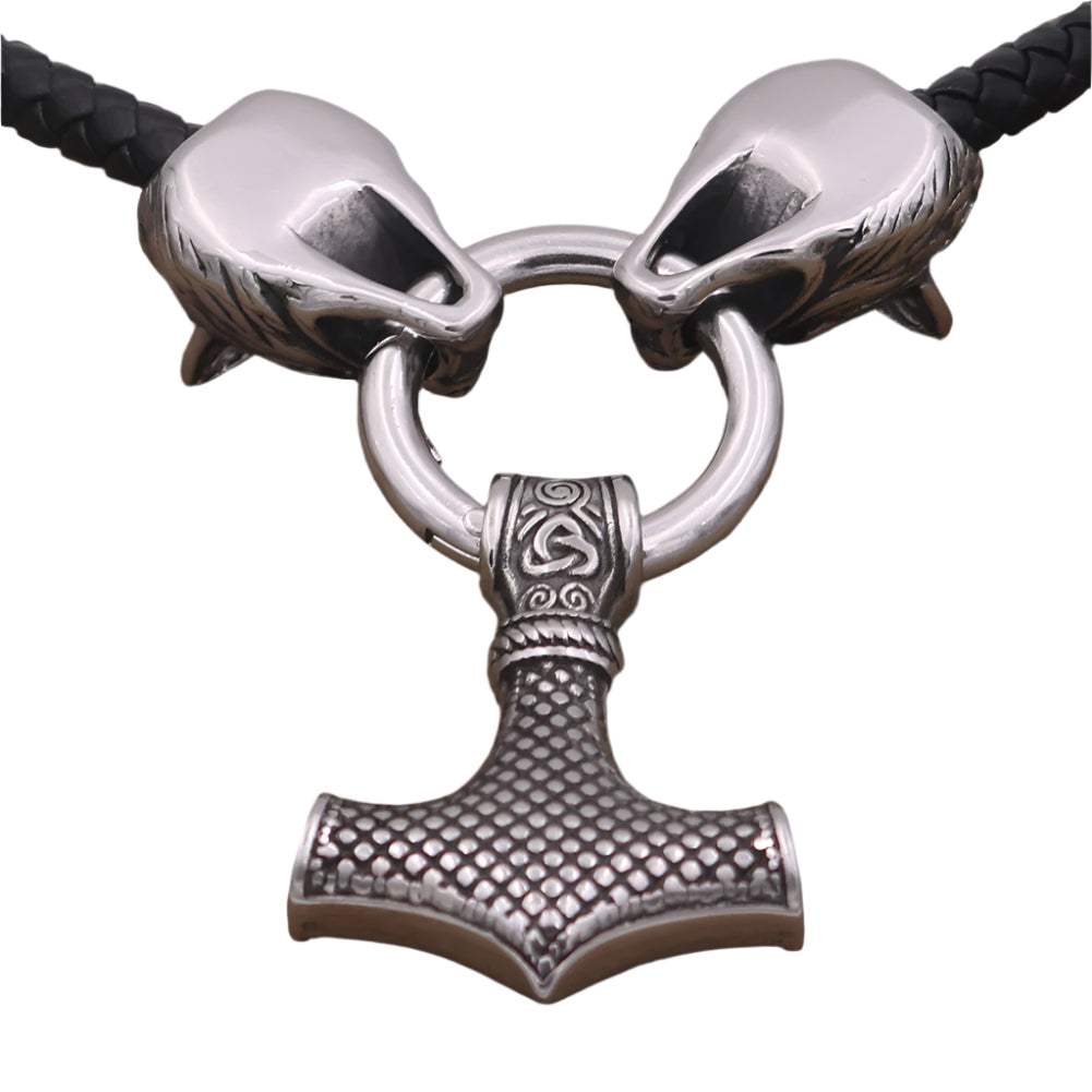 Cowhide Leather Double Braided Necklace with Stainless Steel Wolf Heads Holding a Mjolnir Pendant